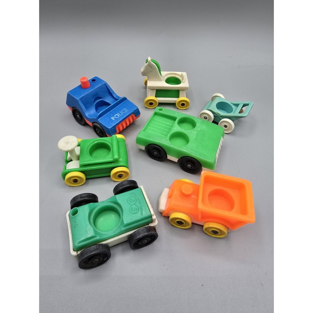 Vintage 1972 Fisher Price Little People Car Vehicles Police Train Car‎ Lot Of 7